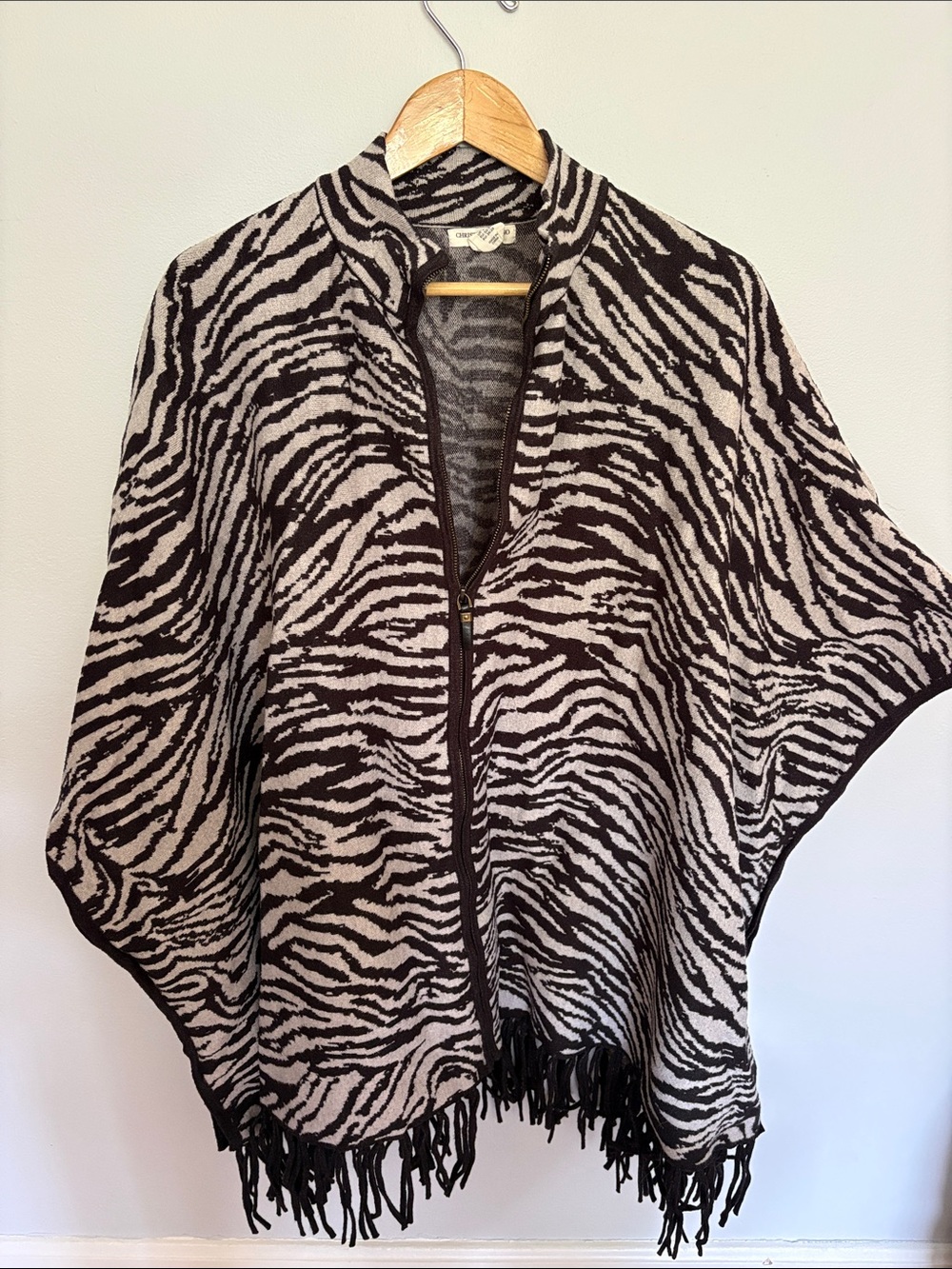 Christian Siriano Black & Cream Zebra Fringe Zip Cape